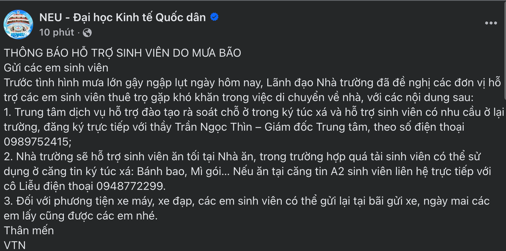 Trường đại học ở Hà Nội mở cửa căng tin, cung cấp bánh bao, mì gói cho sinh viên bị kẹt vì mưa bão - Ảnh 1.