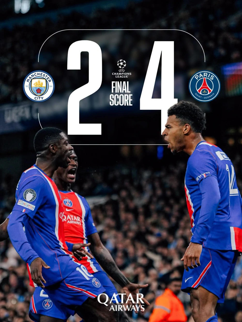 PSG đánh bại Man City với tỷ số 4-2 ngay tại Etihad trong trận đấu thuộc vòng phân hạng Champions League diễn ra rạng sáng 15/10, qua đó nối dài chuỗi bất bại tại Champions League lên 12 trận. Ảnh: CLB PSG PSG đánh bại Man City với tỷ số 4-2 ngay tại Etihad trong trận đấu thuộc vòng phân hạng Champions League diễn ra rạng sáng 15/10, qua đó nối dài chuỗi bất bại tại Champions League lên 12 trận. Ảnh: CLB PSG