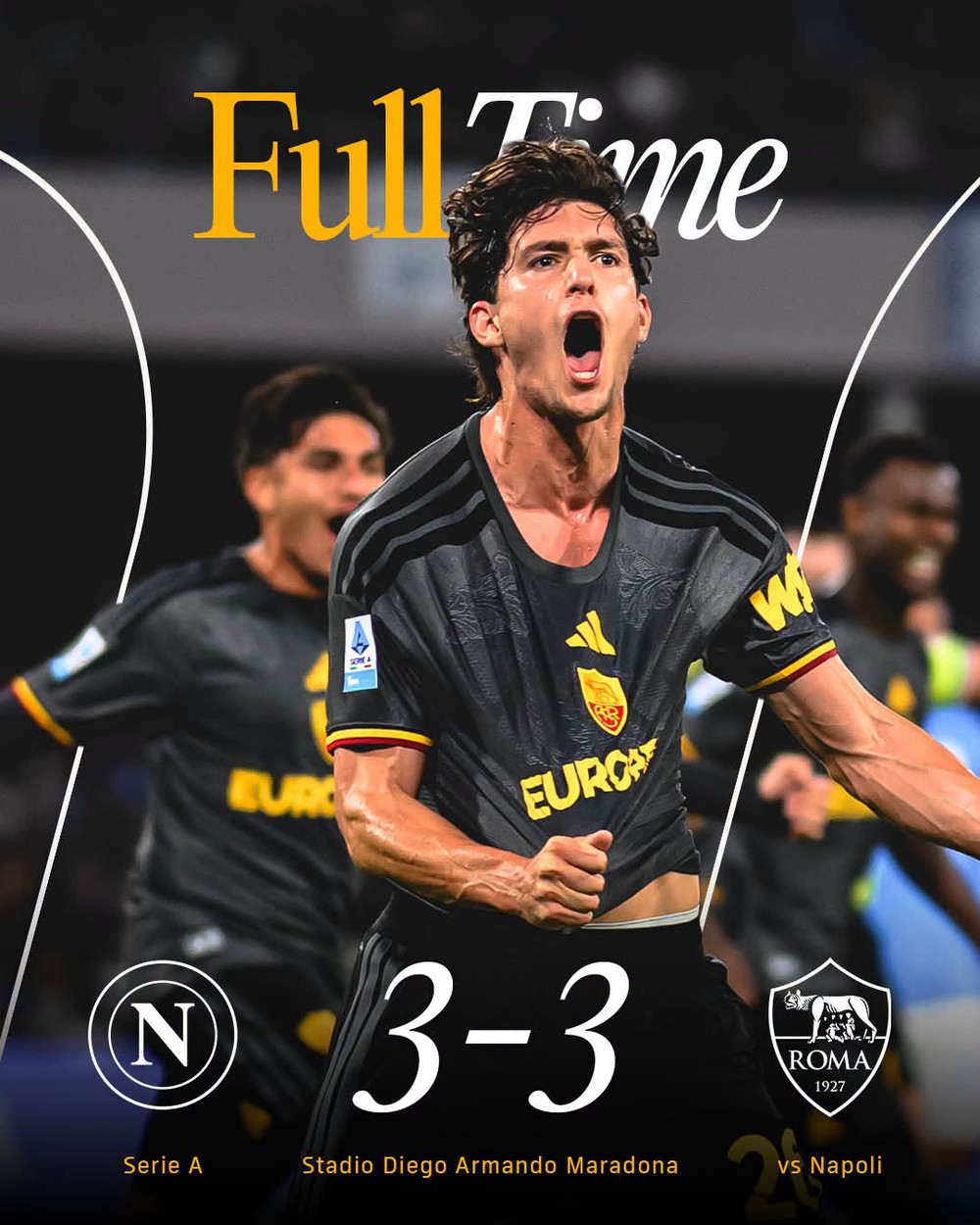 Roma tiếp tục duy trì thành tích bất bại tại Serie A mùa này sau khi cầm hòa Napoli 3-3 trên sân Diego Armando Maradona ở vòng 8. Ảnh: CLB Roma Roma tiếp tục duy trì thành tích bất bại tại Serie A mùa này sau khi cầm hòa Napoli 3-3 trên sân Diego Armando Maradona ở vòng 8. Ảnh: CLB Roma