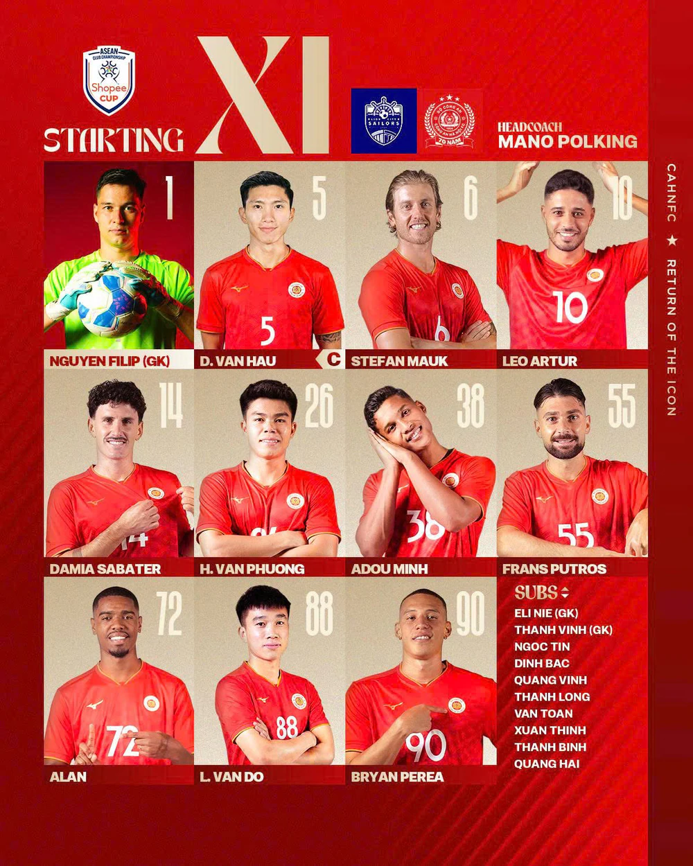 TRỰC TIẾP bóng đá Lion City Sailors vs CAHN (0-0, hiệp 1): Văn Hậu đá chính, Đình Bắc dự bị - Ảnh 2. TRỰC TIẾP bóng đá Lion City Sailors vs CAHN (0-0, hiệp 1): Văn Hậu đá chính, Đình Bắc dự bị - Ảnh 2.