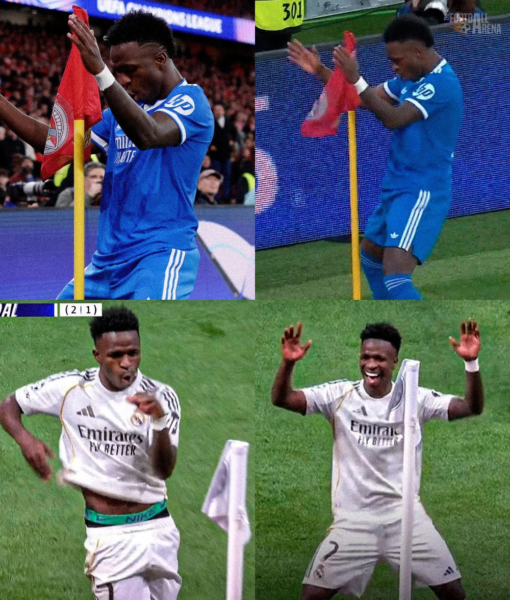 Vinicius ăn mừng bằng điệu nhảy cả ở lượt đi lẫn lượt về vòng playoff Champions League giữa Real Madrid và Benfica