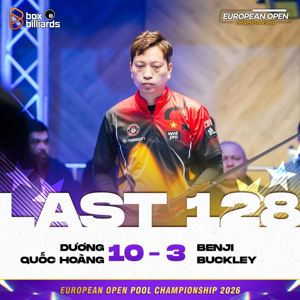 Dương Quốc Hoàng đã thể hiện phong độ đầy ấn tượng khi đánh bại Benji Buckley với tỷ số thuyết phục 10–3 ở last 128 (128 cơ thủ góp mặt) của European Open Championship 2026