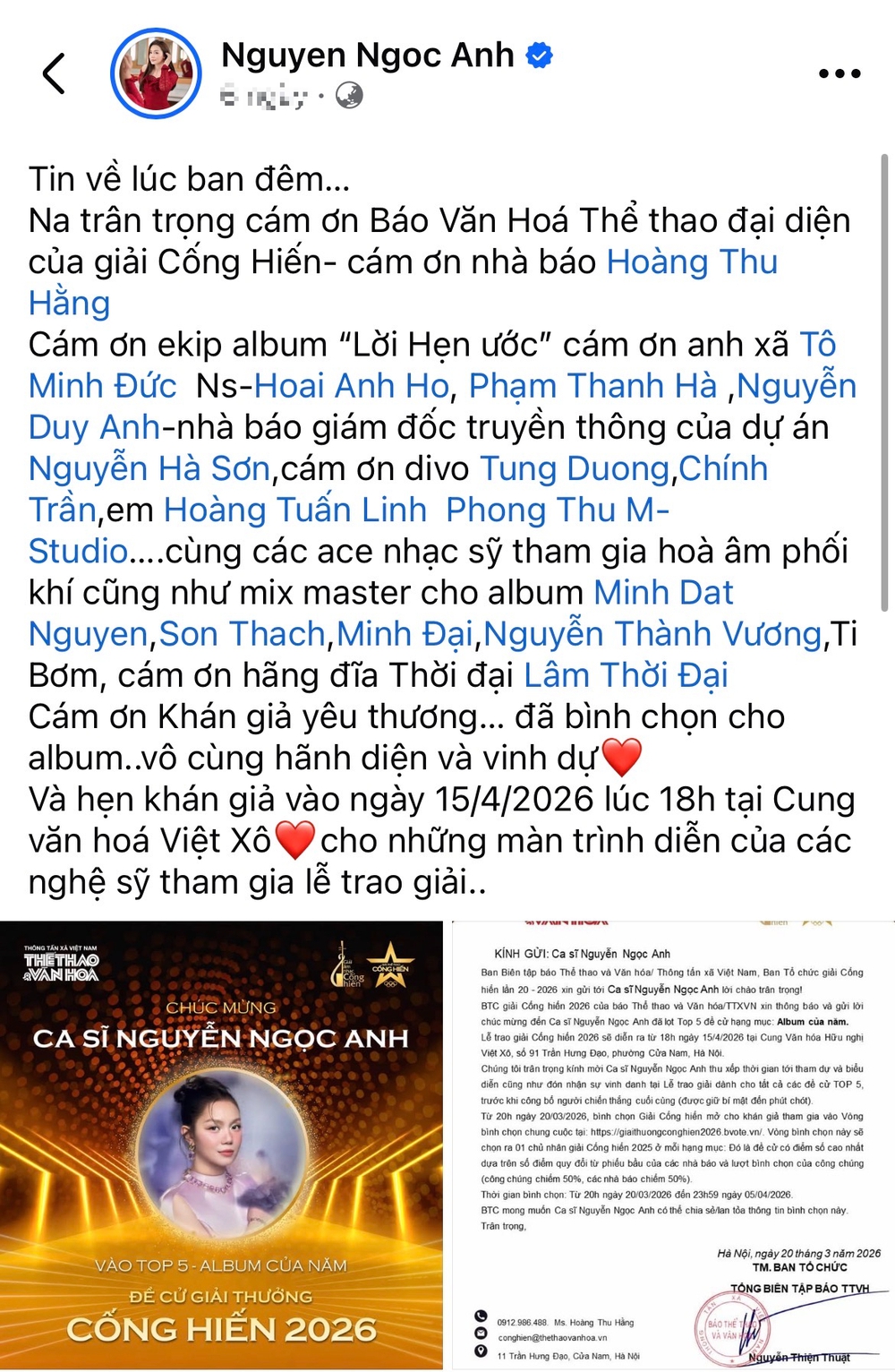 Ca sĩ Nguyễn Ngọc Anh chia vui với fan ngay trong đêm khi lọt Top 5 đề cử giải Cống hiến 2026 - Ảnh 1.