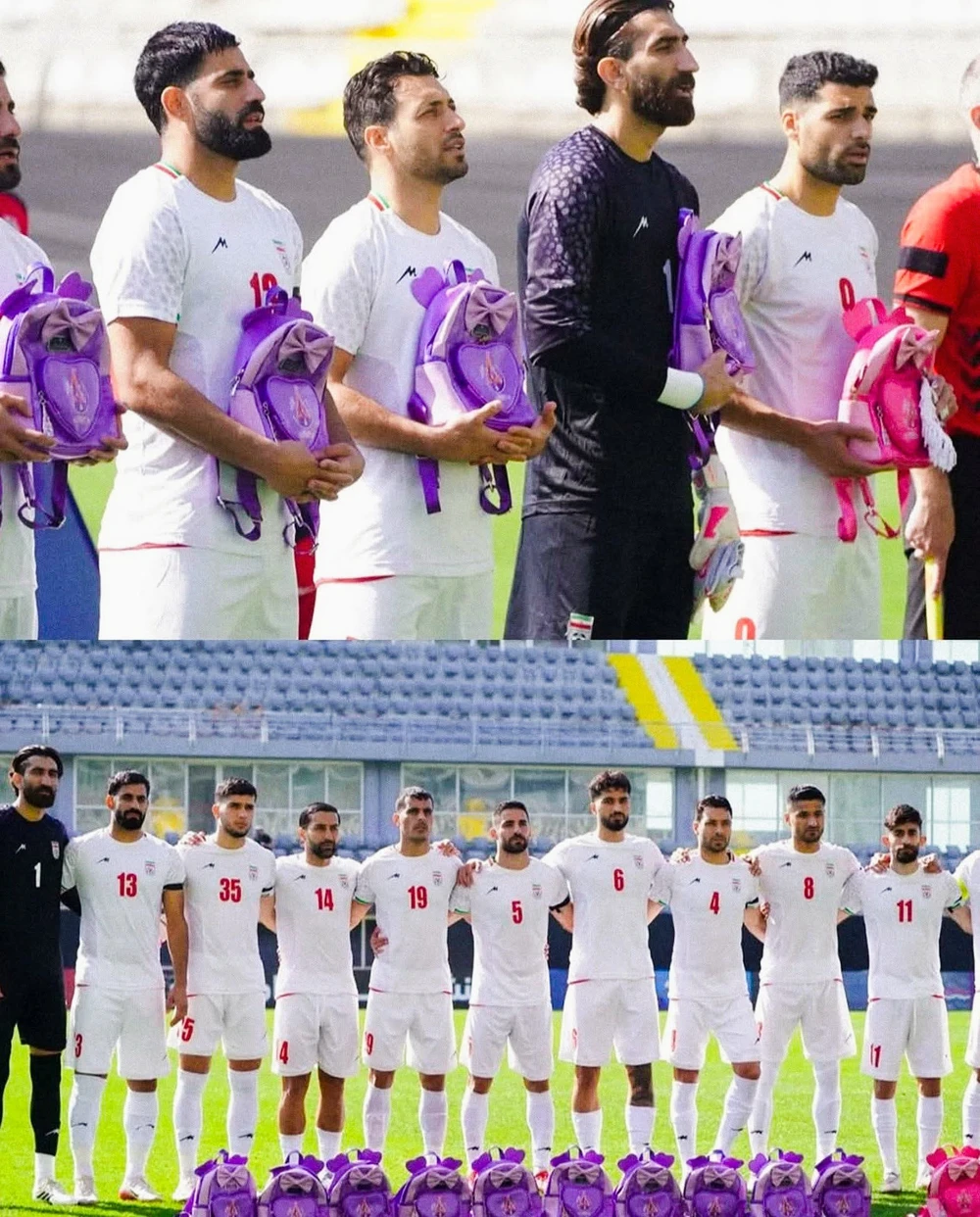 Xúc động hình ảnh ĐT Iran cầm cặp sách tưởng niệm học sinh thiệt mạng trong chiến tranh - Ảnh 1.