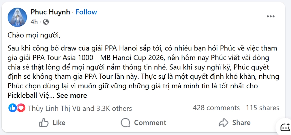 Tay vợt pickleball hàng đầu Việt Nam viết tâm thư lý giải quyết định rút khỏi PPA Tour Hà Nội - Ảnh 1.
