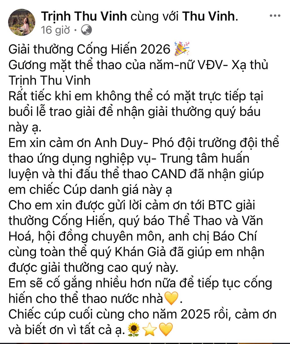 Trịnh Thu Vinh tự hào và biết ơn khi được trao Giải Cống hiến 2026 - Ảnh 1.