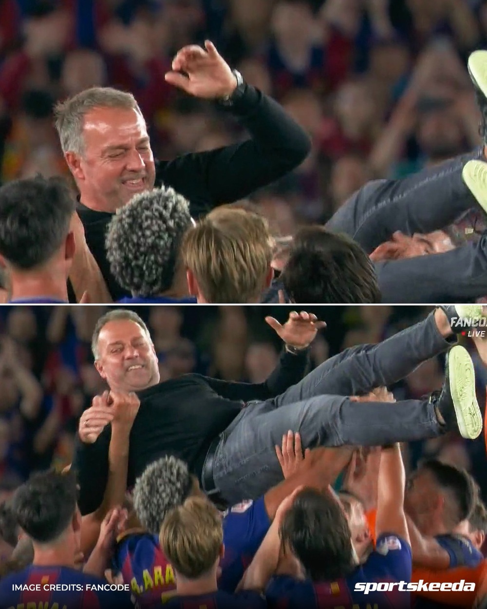 Xúc động khoảnh khắc các cầu thủ Barca tri ân HLV Hansi Flick sau khi vô địch La Liga - Ảnh 1.