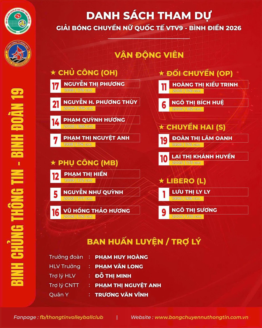 Kiều Trinh có tên trong danh sách đăng kí thi đấu của Binh Chủng Thông Tin Binh Đoàn 19 ở cúp VTV9 Bình Điền 2026