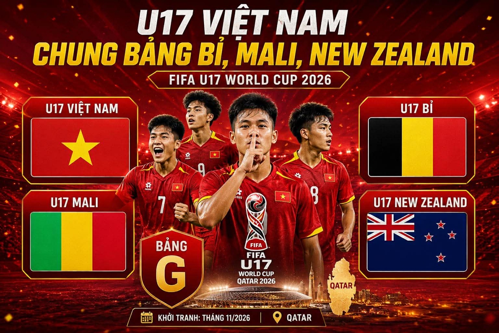 Lá thăm đưa đội tuyển U17 Việt Nam rơi vào bảng G cùng U17 Mali, U17 Bỉ và U17 New Zealand tại U17 World Cup 2026