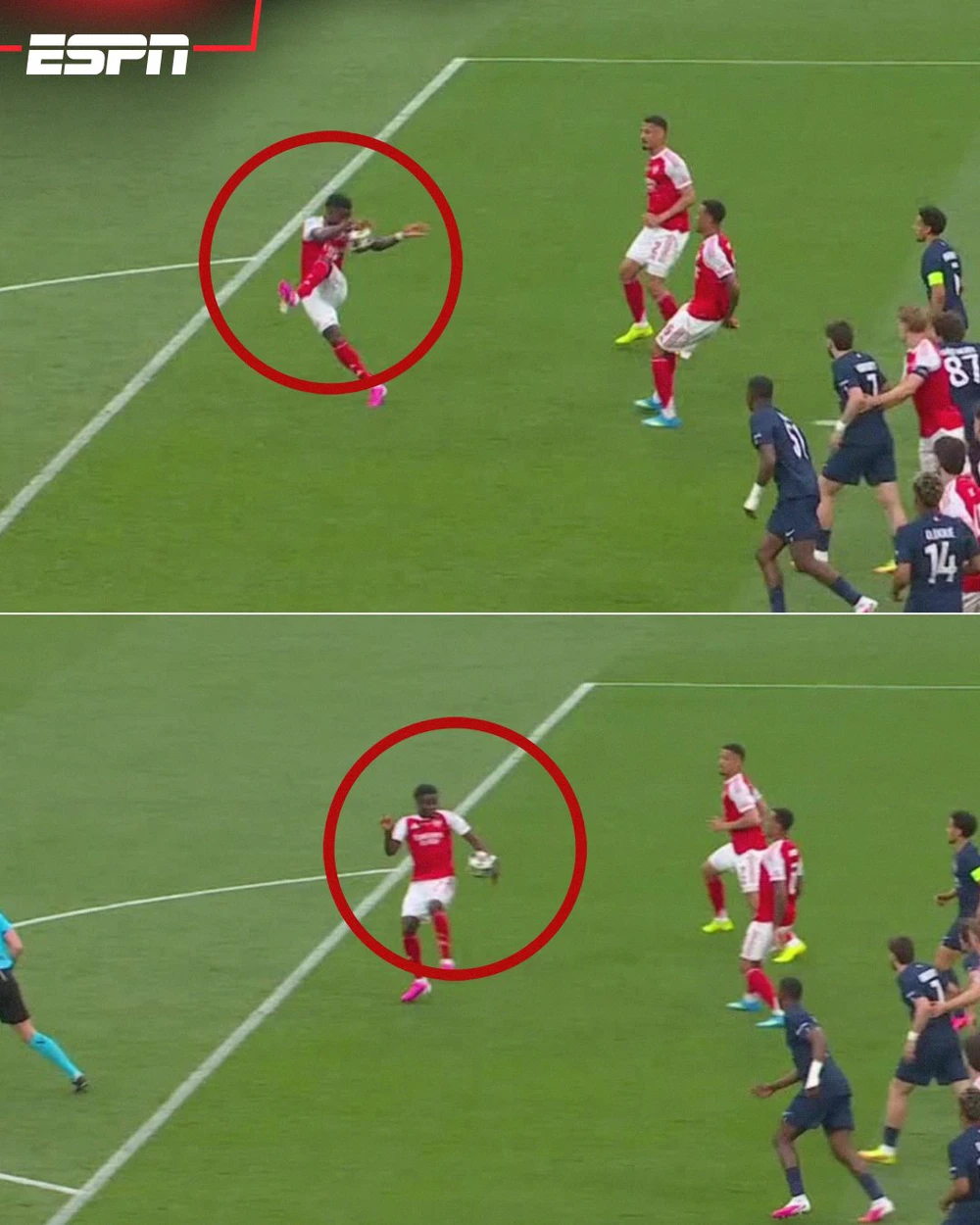 Vì sao Arsenal không bị thổi phạt đền dù Saka chạm tay rõ ràng? - Ảnh 2.