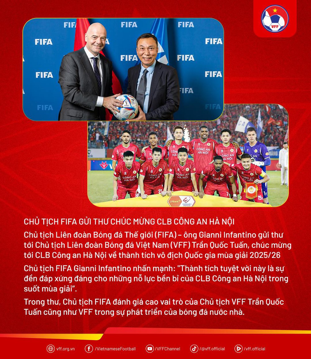 Chủ tịch FIFA chúc mừng CLB Công an Hà Nội vô địch V-League 2025/26 - Ảnh 1.