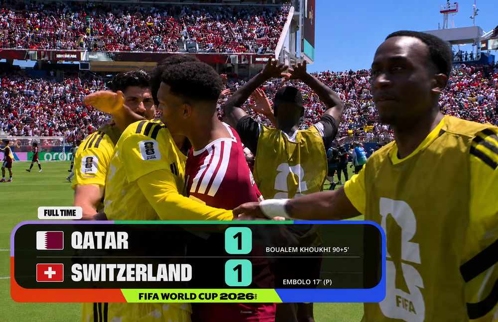Qatar xuất sắc cầm hòa Thụy Sỹ 1-1. Ảnh chụp màn hình Qatar xuất sắc cầm hòa Thụy Sỹ 1-1. Ảnh chụp màn hình