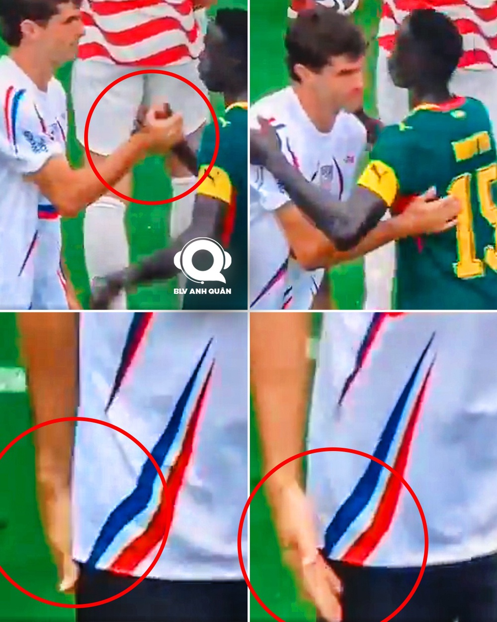 Pulisic bắt tay cầu thủ Senegal rồi sau đó chùi tay vào quần lau mồ hôi