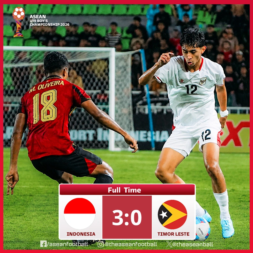 U19 Indonesia tiếp tục thể hiện sức mạnh vượt trội khi đánh bại U19 Timor Leste với tỷ số 3-0 trong khuôn khổ giải U19 Đông Nam Á 2026.