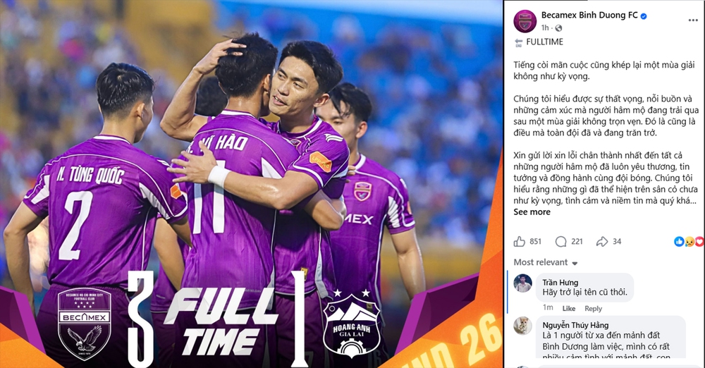 Rớt hạng V-League lần đầu tiên sau 22 năm, Becamex TBHCM viết tâm thư gửi người hâm mộ - Ảnh 1. Rớt hạng V-League lần đầu tiên sau 22 năm, Becamex TBHCM viết tâm thư gửi người hâm mộ - Ảnh 1.