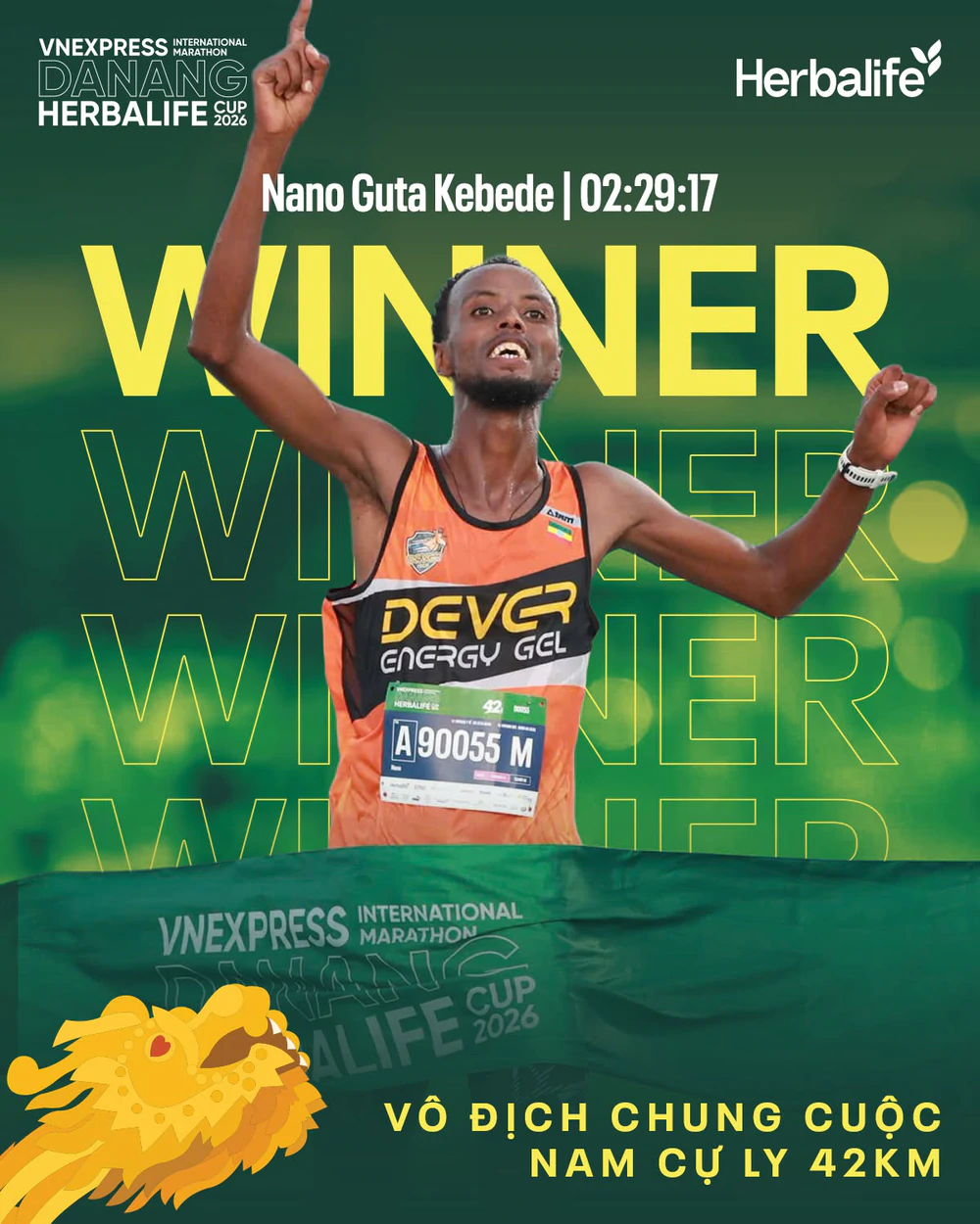 Nano Guta Kebede đăng quang với thành tích 2 giờ 29 phút 17 giây. Ảnh: Fanpage giải marathon quốc tế Đà Nẵng 2026 Nano Guta Kebede đăng quang với thành tích 2 giờ 29 phút 17 giây. Ảnh: Fanpage giải marathon quốc tế Đà Nẵng 2026