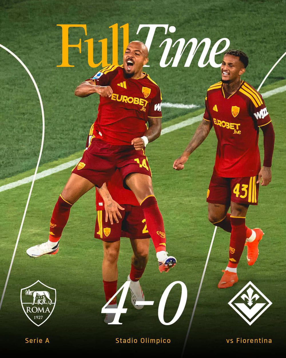 AS Roma khởi đầu Serie A 2026/27 theo cách không thể ấn tượng hơn khi đánh bại Fiorentina với tỷ số 4-0 trên sân Olimpico. Ảnh: CLB Roma AS Roma khởi đầu Serie A 2026/27 theo cách không thể ấn tượng hơn khi đánh bại Fiorentina với tỷ số 4-0 trên sân Olimpico. Ảnh: CLB Roma