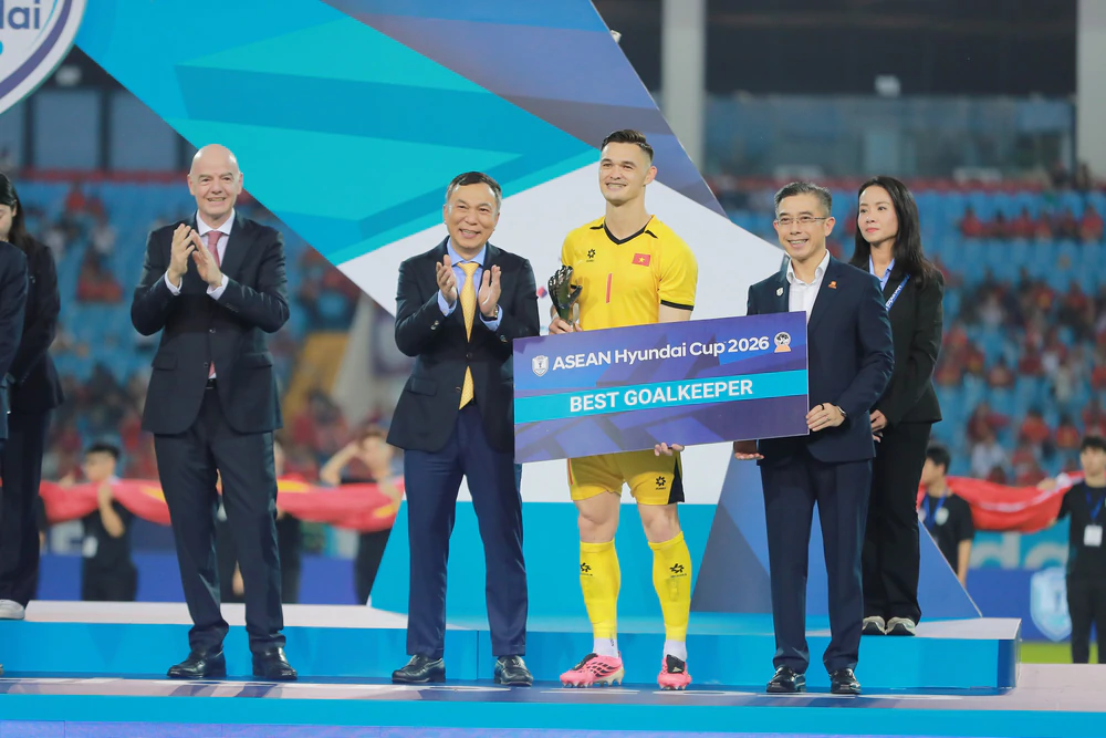 Tuyển Việt Nam vô địch ASIAN Cup 2026 và thành công này có dấu ấn không nhỏ của thủ thành Patrik Lê Giang. Ảnh: FBNV