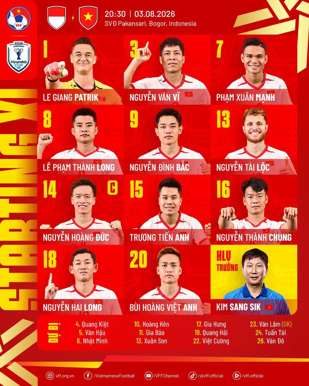 Đội hình ra sân trận Việt Nam vs Indonesia: Đình Bắc đá chính, HLV Kim Sang Sik cho 3 trụ cột dự bị - Ảnh 1.