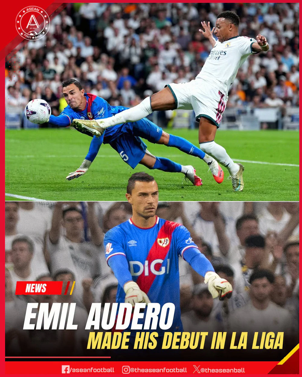 Emil Audero đã tạo nên cột mốc đặc biệt khi trở thành cầu thủ Indonesia đầu tiên ra sân tại La Liga. Thủ môn 29 tuổi được Rayo Vallecano trao suất bắt chính trong chuyến làm khách trước Real Madrid tại Santiago Bernabeu rạng sáng 13/9. Ảnh: ASEAN Football Emil Audero đã tạo nên cột mốc đặc biệt khi trở thành cầu thủ Indonesia đầu tiên ra sân tại La Liga. Thủ môn 29 tuổi được Rayo Vallecano trao suất bắt chính trong chuyến làm khách trước Real Madrid tại Santiago Bernabeu rạng sáng 13/9. Ảnh: ASEAN Football