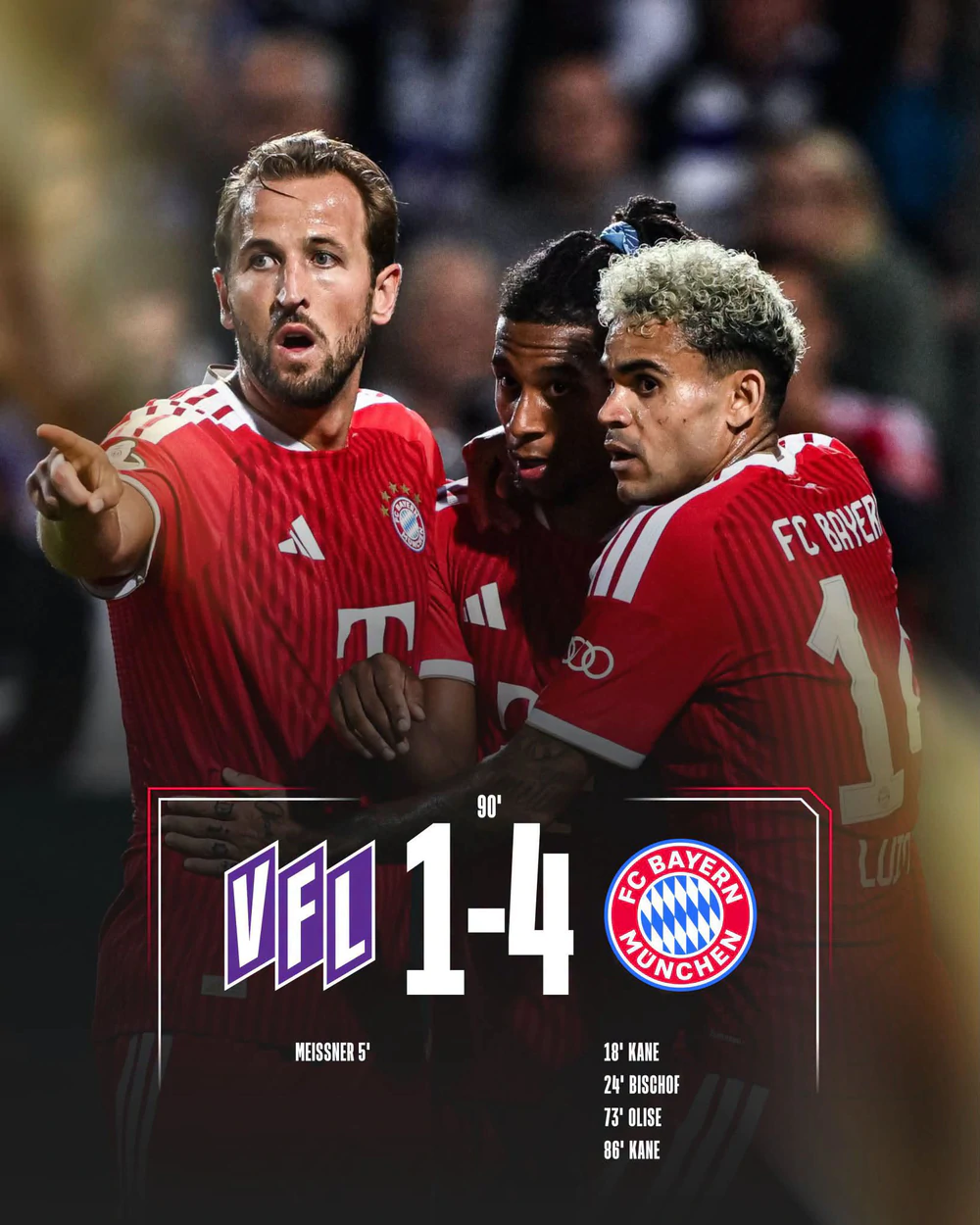 Harry Kane lập cú đúp, góp công giúp Bayern Munich ngược dòng đánh bại Osnabrueck với tỷ số 4-1 ở vòng đầu tiên Cúp Quốc gia Đức, qua đó khởi đầu hành trình bảo vệ danh hiệu một cách thuận lợi. Ảnh: CLB Bayern Munich Harry Kane lập cú đúp, góp công giúp Bayern Munich ngược dòng đánh bại Osnabrueck với tỷ số 4-1 ở vòng đầu tiên Cúp Quốc gia Đức, qua đó khởi đầu hành trình bảo vệ danh hiệu một cách thuận lợi. Ảnh: CLB Bayern Munich