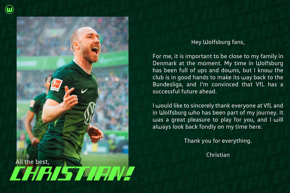 Eriksen chấm dứt hợp đồng với Wolfsburg. Ảnh: CLB Wolfsburg Eriksen chấm dứt hợp đồng với Wolfsburg. Ảnh: CLB Wolfsburg