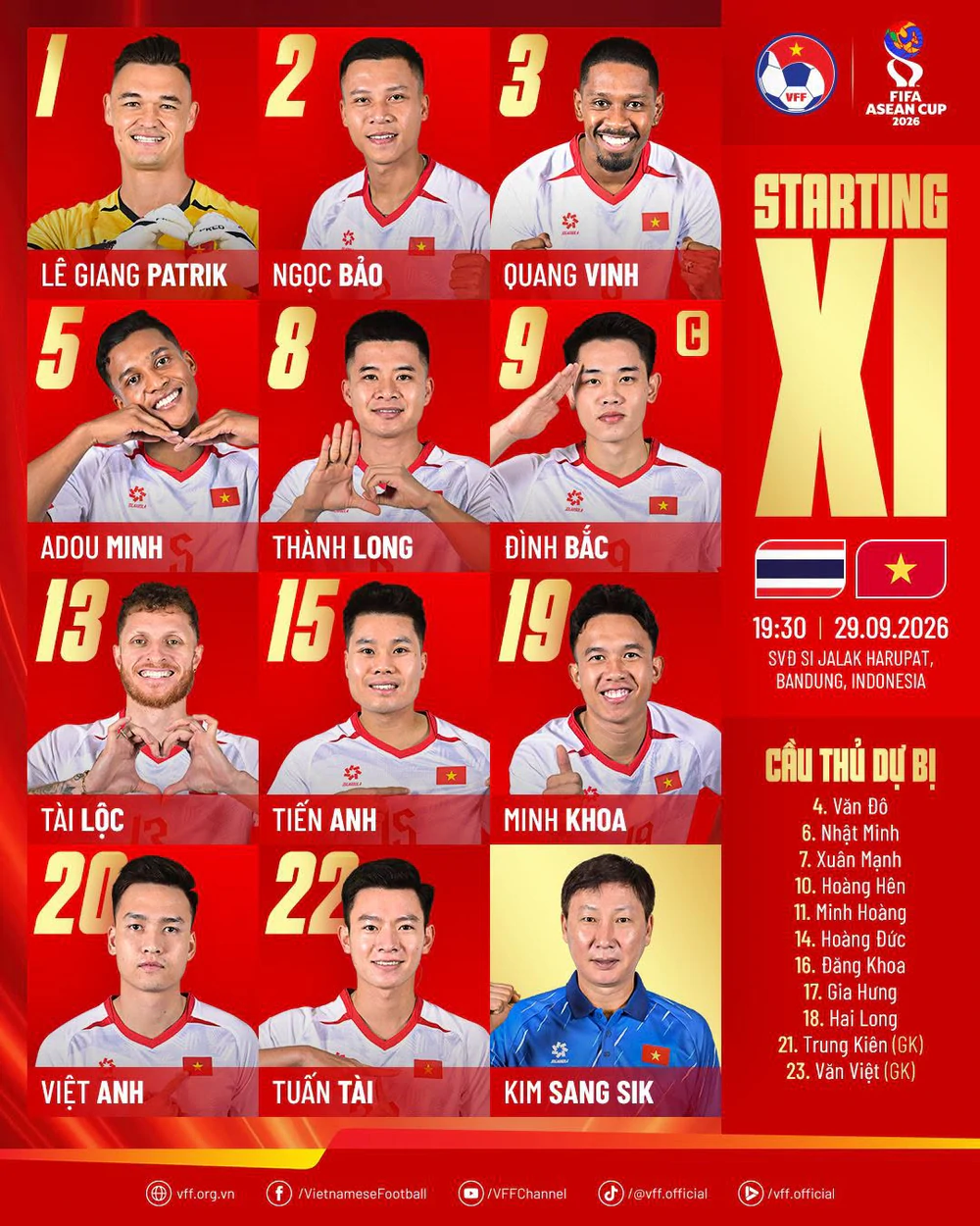 Đội hình xuất phát Việt Nam vs Thái Lan: Minh Khoa, Tuấn Tài, Ngọc Bảo đá chính - Ảnh 1. Đội hình xuất phát Việt Nam vs Thái Lan: Minh Khoa, Tuấn Tài, Ngọc Bảo đá chính - Ảnh 1.