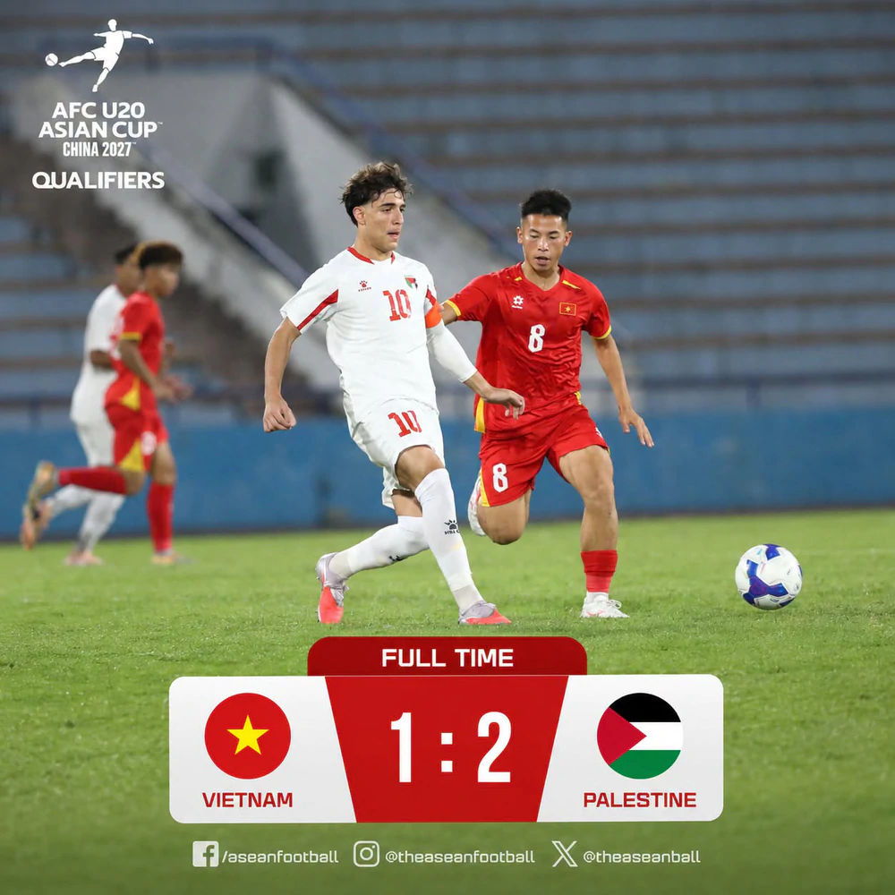 U20 Việt Nam thua U20 Palestine 1-2 ở vòng loại U20 Châu Á 2027. Ảnh: ASEAN Football U20 Việt Nam thua U20 Palestine 1-2 ở vòng loại U20 Châu Á 2027. Ảnh: ASEAN Football
