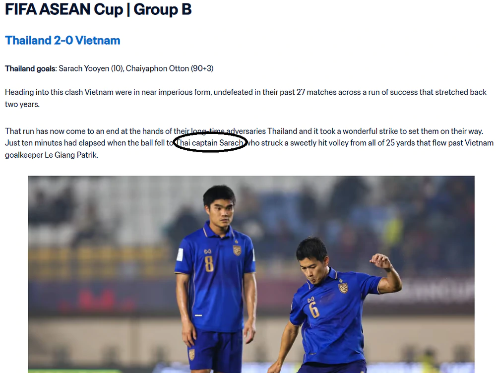 Trang chủ FIFA gọi Sarach Yooyen là đội trưởng của tuyển Thái Lan. Ảnh: FIFA