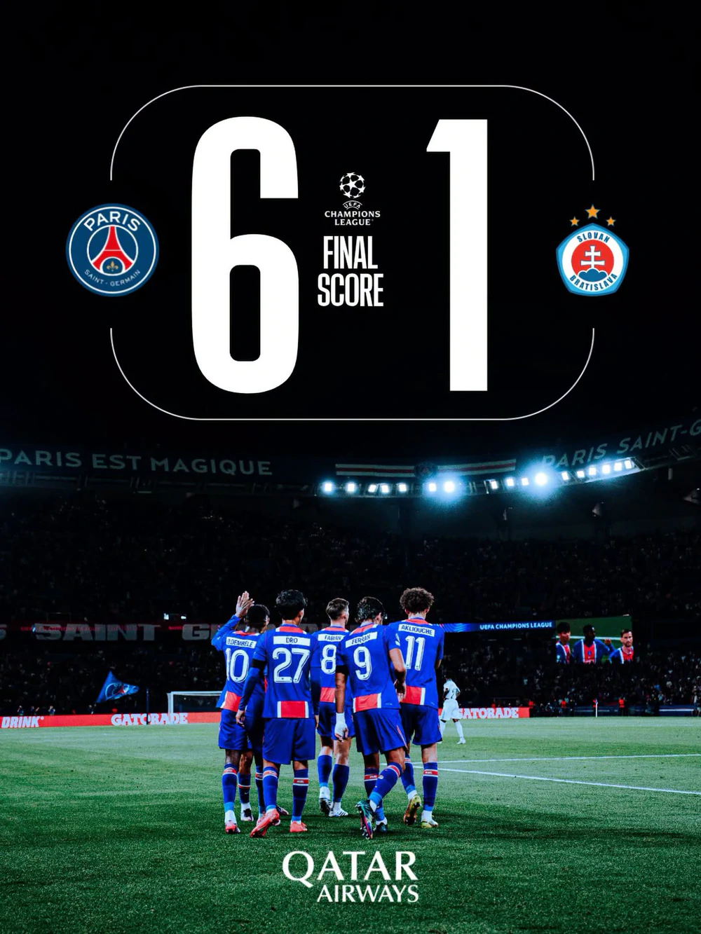 PSG khởi đầu Champions League mùa này theo cách không thể ấn tượng hơn khi vùi dập Slovan Bratislava 6-1 trong trận đấu rạng sáng 10/9. Ảnh: CLB PSG PSG khởi đầu Champions League mùa này theo cách không thể ấn tượng hơn khi vùi dập Slovan Bratislava 6-1 trong trận đấu rạng sáng 10/9. Ảnh: CLB PSG