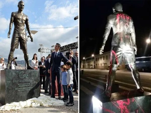 SỐC: Tượng Ronaldo bị vấy bẩn bởi tên và số áo Messi