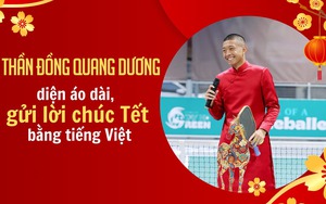 Thần đồng Quang Dương diện áo dài hình ngựa chơi pickleball, gửi lời chúc Tết bằng tiếng Việt