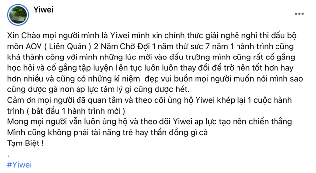 &quot;Thần đồng&quot; Liên quân Việt Nam - Yiwei bất ngờ thông báo giải nghệ - Ảnh 1.