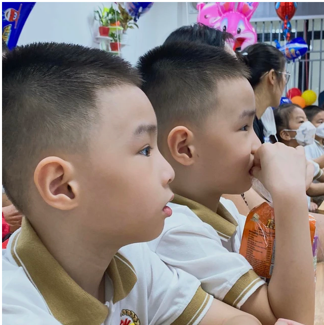 Hai bé trai sinh đôi con Đào Huyền hiện đã học lớp 2