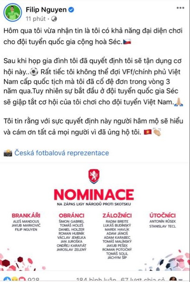 bóng đá Việt Nam, tin tức bóng đá, bong da, tin bong da, Filip Nguyễn, DTVN, Filip Nguyễn tập trung đội tuyển Séc, Park Hang Seo, VFF