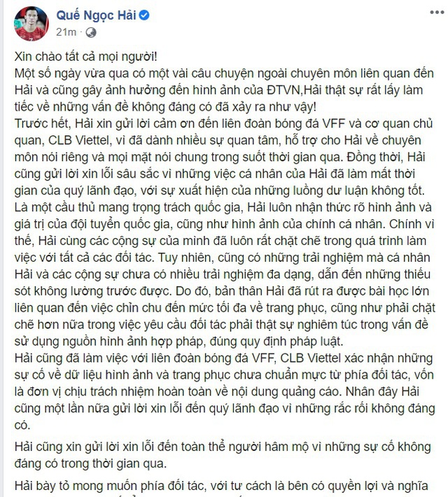 bóng đá Việt Nam, tin tức bóng đá, bong da, tin bong da, Quế Ngọc Hải, Quế Ngọc Hải vi phạm bản quyền, Quế Ngọc Hải xin lỗi, Viettel, DTVN, Park Hang Seo