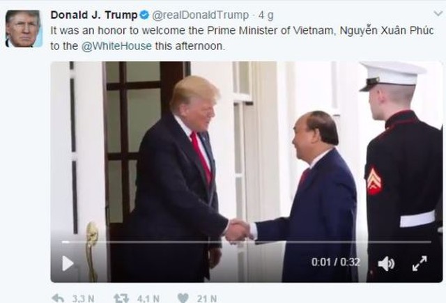 Dòng tweet của Tổng thống Donald Trump về chuyến thăm của Thủ tướng Nguyễn Xuân Phúc