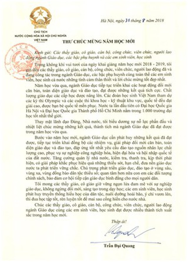 Ngày khai giảng, Thư Chủ tịch nước ngân ngày khai giảng, Thư của Chủ tịch nước, Khai Giảng năm học mới, ngày khai giảng 2018