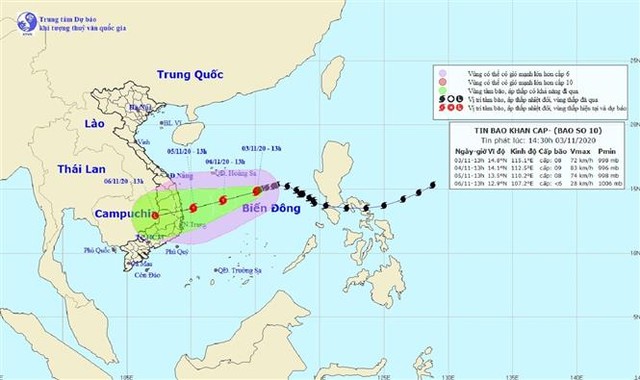 Bản đồ đường đi của Bão số 10. Ảnh: TTXVN phát