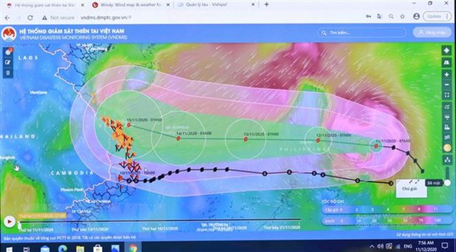Sơ đồ đường đi của bão số 13 qua Hệ thống giám sát thiên tai Việt Nam. (Ảnh: Vũ Sinh/TTXVN)