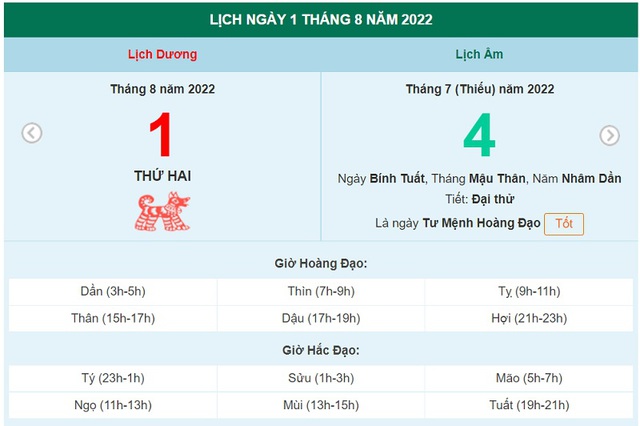 ngày 1 tháng 8 năm 2022, ngày 1/8/2022 tốt hay xấu, lịch âm 1/8, lịch âm 2022, lịch vạn niên ngày 1/8, âm lịch hôm nay 1/8, Lịch vạn niên ngày 1 tháng 8, lịch âm dương