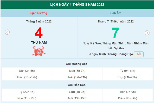 ngày 4 tháng 8 năm 2022, ngày 4/8/2022 tốt hay xấu, lịch âm 2022, lịch vạn niên ngày 4/8/2022, âm lịch hôm nay 4/8, Lịch vạn niên ngày 4 tháng 8, ngày thất tịch 7/7