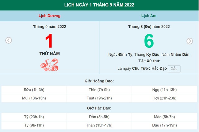 ngày 1 tháng 9 năm 2022, ngày 1/9/2022 tốt hay xấu, xem ngày tốt, lịch âm 2022, lịch vạn niên ngày 1/9/2022, âm lịch hôm nay 1/9, Lịch vạn niên ngày 1 tháng 9