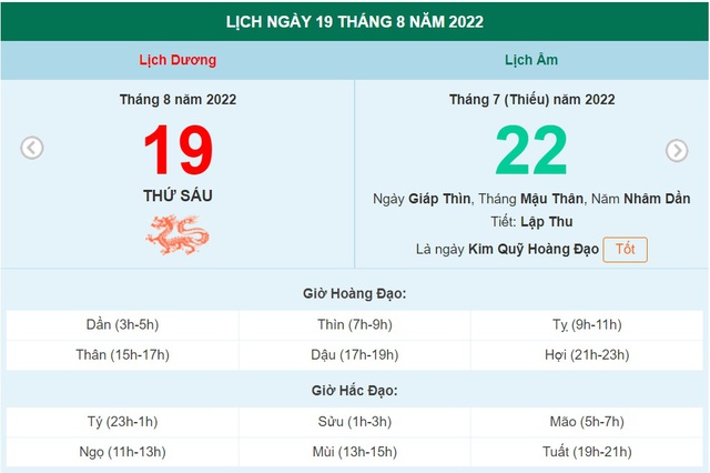 ngày 19 tháng 8 năm 2022, ngày 19/8/2022 tốt hay xấu, lịch âm 2022, lịch vạn niên ngày 19/8/2022, âm lịch hôm nay 19/8, Lịch vạn niên ngày 19 tháng 8, xem ngày tốt