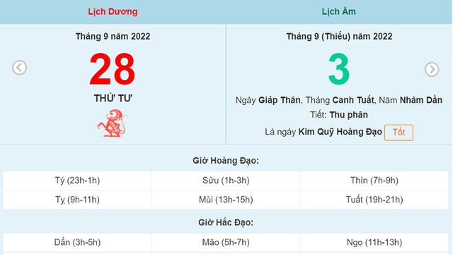 Thứ Tư ngày 28 tháng 9 năm 2022 là ngày tốt hay xấu?