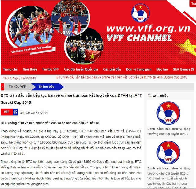 VFF vẫn đang bán vé online trận Việt Nam vs Philippines