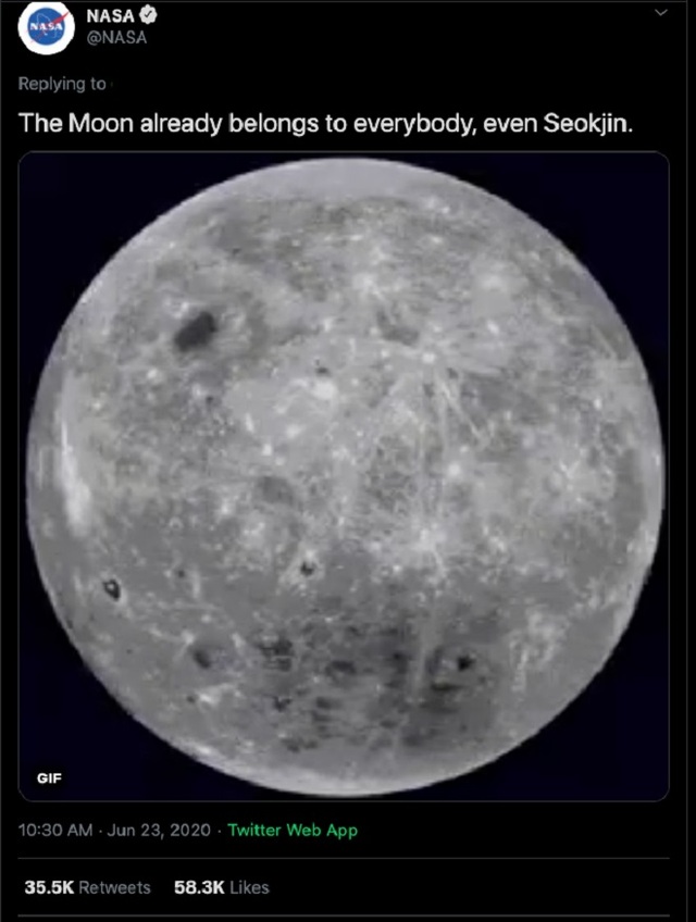 BTS, Jin BTS, NASA công nhận Mặt Trăng thuộc về Jin BTS, Jin là mặt trăng, NASA đặt tên Jin cho mặt trăng, Map Of The Soul: 7, bài hát Moon của Jin, ARMY, Kpop