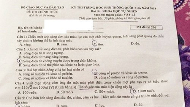 Kỳ thi THPT Quốc gia năm 2018: Đề thi và đáp án môn Vật Lý 