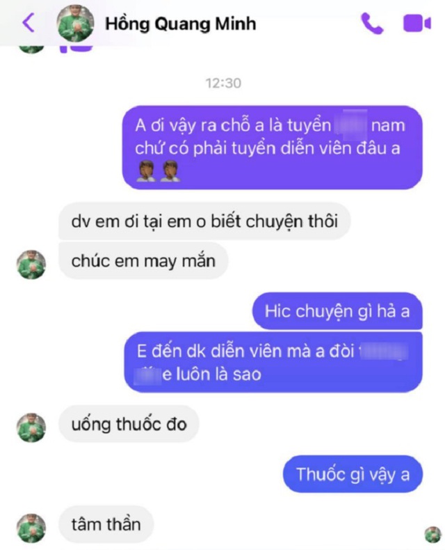 Dòng tin nhắn mà Minh Béo nhắn cho nam diễn viên Tuấn Nguyễn. (Ảnh: Facebook nhân vật)