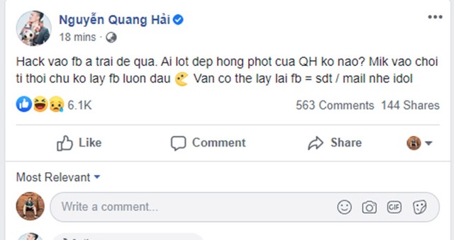 Facebook Quang Hải bị hack, FB Quang Hai, Facebook Quang Hải bất ngờ bị hack, Quang Hải, Nguyễn Quang Hải, Huỳnh Anh, Hà Nội, bóng đá Việt Nam, tin tuc bong da, bóng đá